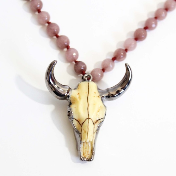 New Boho Bull Skull Stone Beaded Necklace - Picture 3 of 5